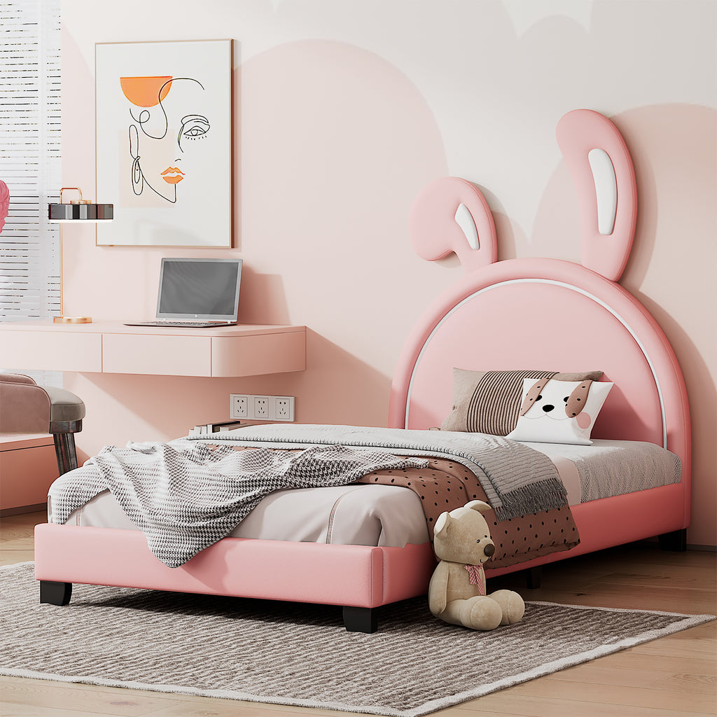 Leoglint Twin Size Upholstered Leather Platform Bed Frame with Rabbit Ornament, Pink