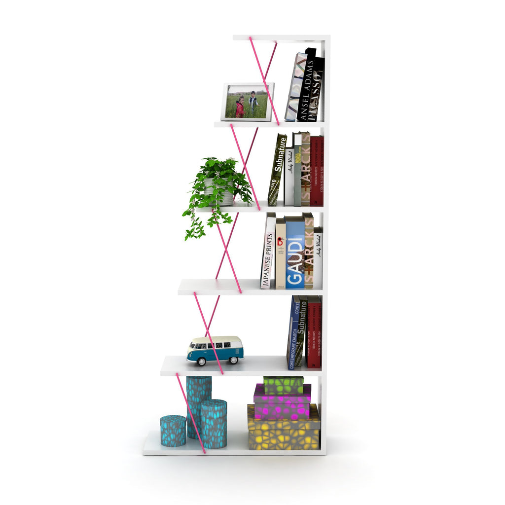 Leoglint Furnish Home Store Modern 5 Tier Ladder Bookshelf Organizers, Narrow Bookshelf for Small Spaces Office Furniture Bookcase ,White/Pink