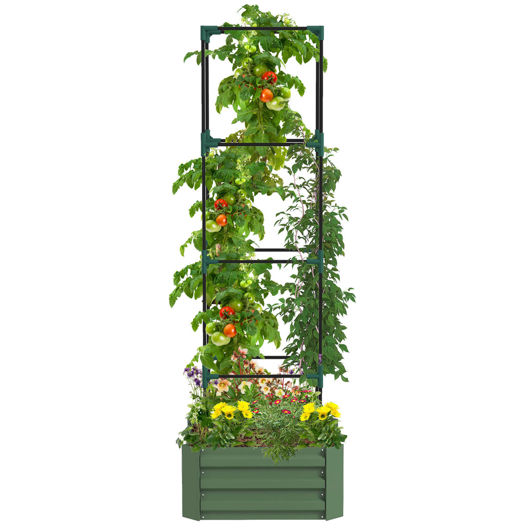 Leoglint Garden Trellis Galvanized Raised Garden Bed, 24" x 24" x 11.75" Outdoor Planter Box with Trellis Tomato Cage and Open Bottom for Climbing Vines, Vegetables, Flowers in Backyard, Garden, Patio, Green