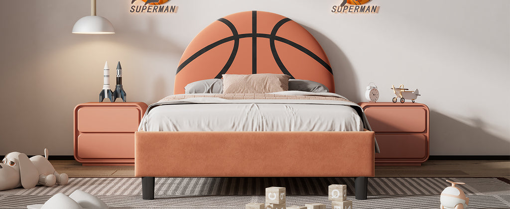 Leoglint Bed Frame Basketball Design Upholstered Twin Platform Bed Sport Style Bed for Boys & Girls, Teens, Orange