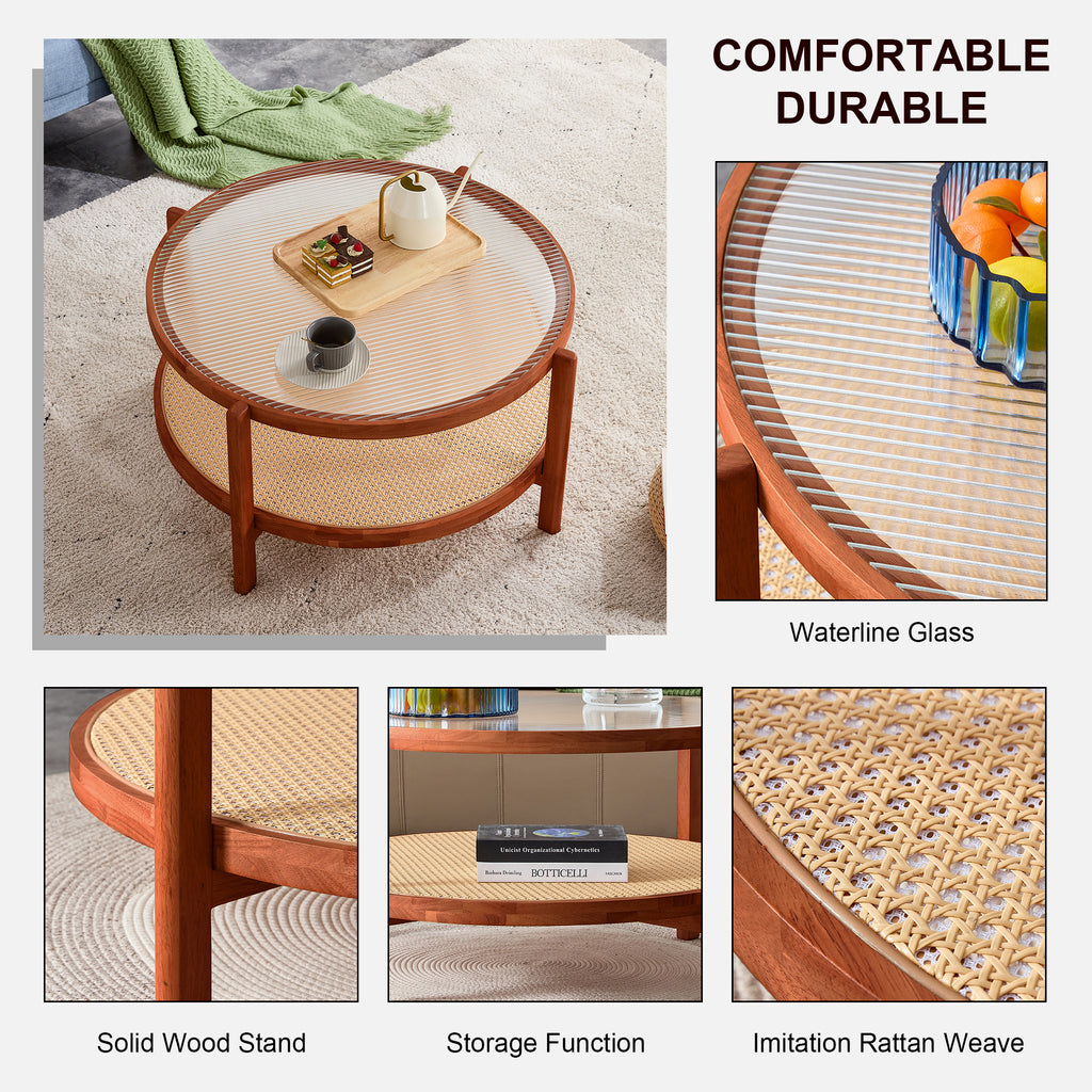 Leoglint Modern minimalist circular double-layer solid wood coffee table, craft glass tabletop, second layer material: PE rattan, solid wood frame. 34.6 '* 34.6' * 17.7''