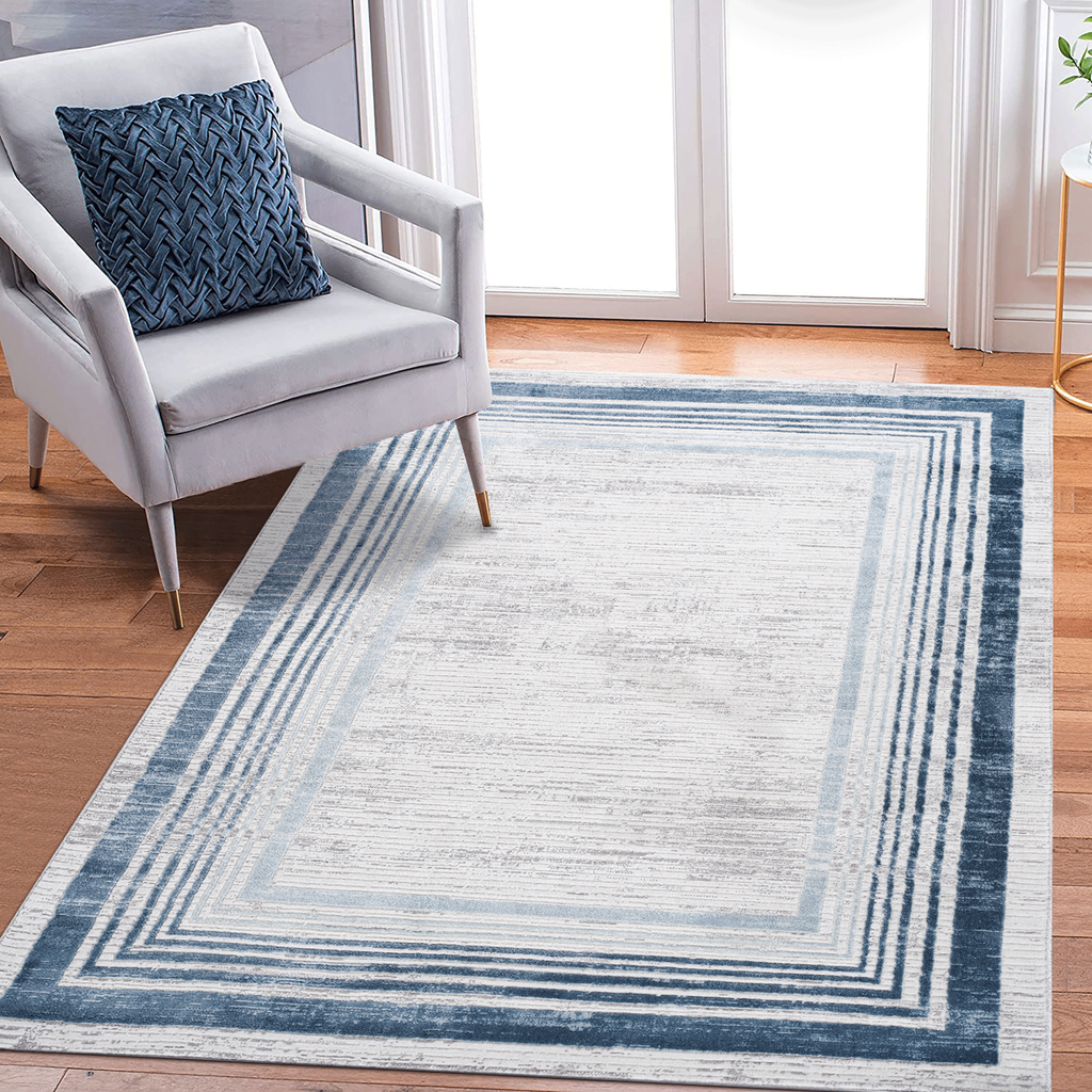 Leoglint 5X7 Blue/Ivory/Bordered Non-Shedding Living Room Bedroom Dining Home Office Stylish and Stain Resistant Area Rug