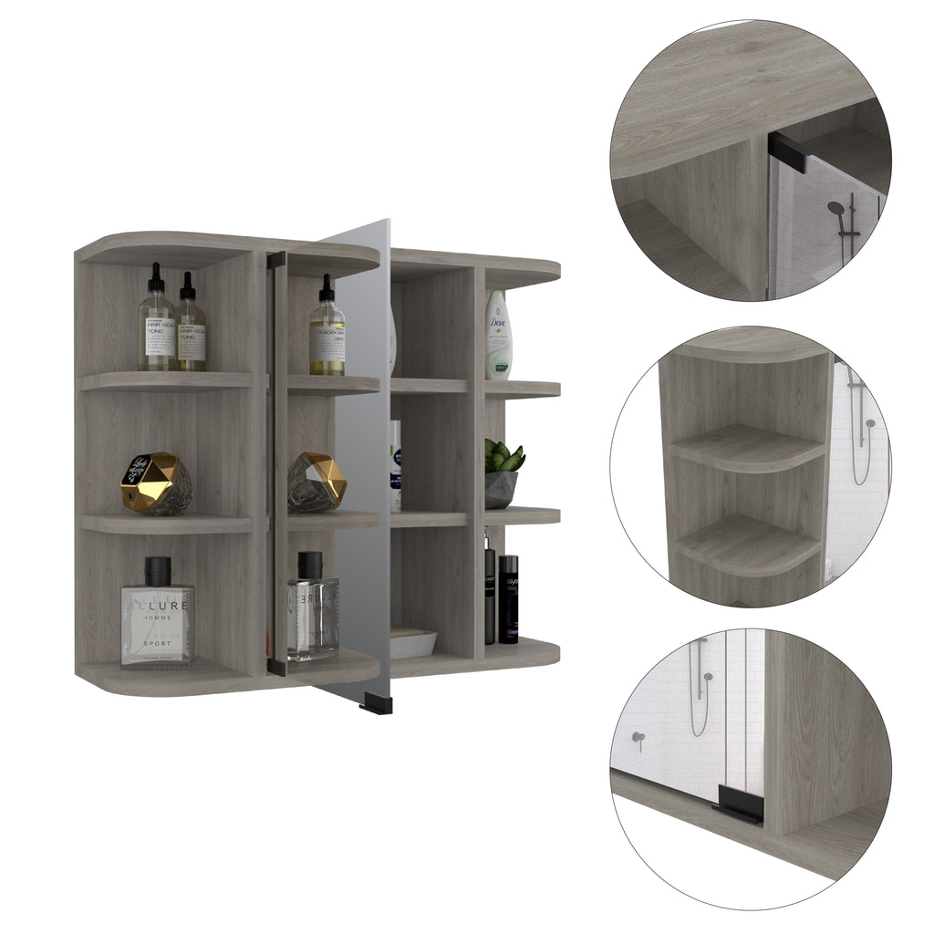 Leoglint Milan Medicine Cabinet, Six External Shelves Mirror, Three Internal Shelves -Light Gray