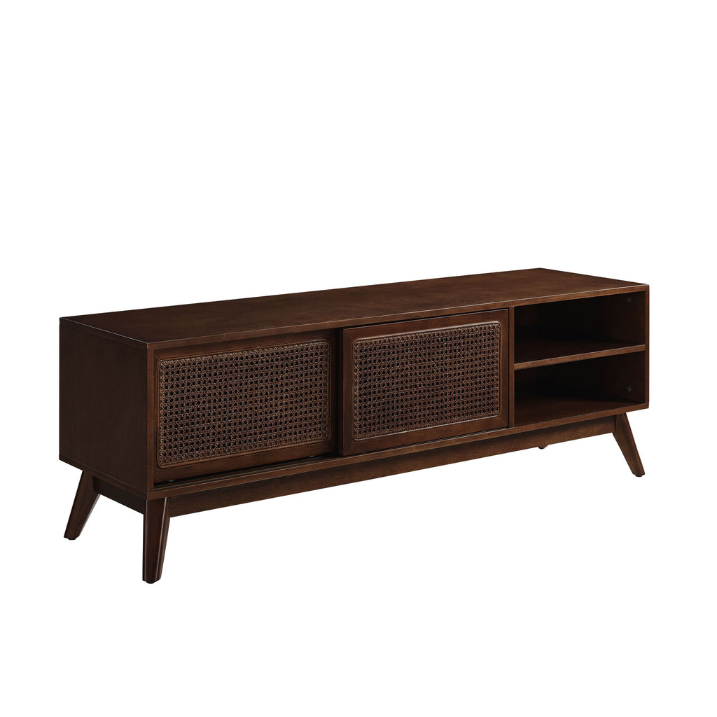 Leoglint 59 Inch Mid Century Modern Rattan TV Stand for 65 Inch TV, Entertainment Cabinet, Media Console for Living Room Bedroom Media Room, Solid Wood Feet & Rattan Cabinet Doors - Dark Wood