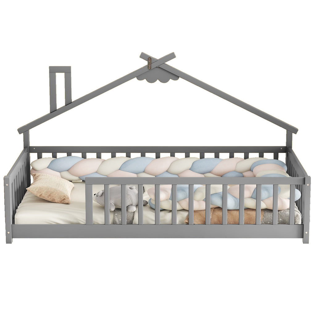 Leoglint Twin House-Shaped Bedside Floor Bed Frame with Guardrails, Slats, without Door ,Grey