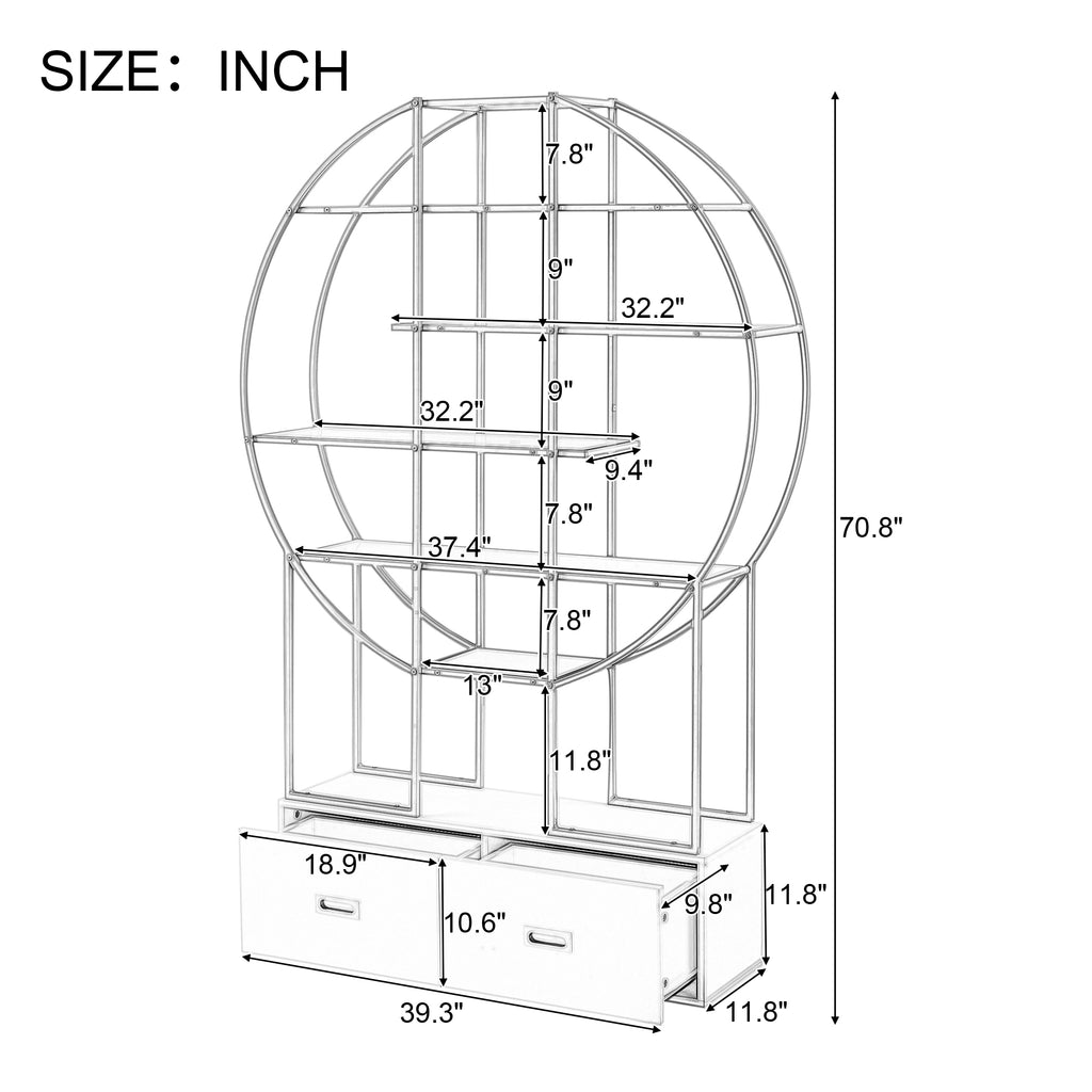 Leoglint 70.8 Inch Round Office Bookcase Bookshelf, Display Shelf, Two Drawers, Gold Frame