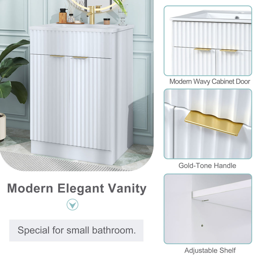 Leoglint [Video]24inch modern bathroom vanity for small bathroom,white storge cabinet with ceramic sink