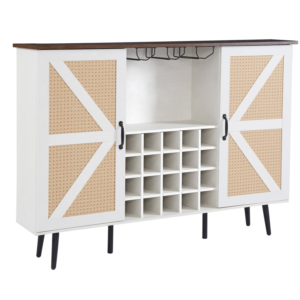 Leoglint Sideboard White Faux Rattan Barn Door Wine Cabinet with Wine Rack and Wine Glass Rack, Double Door Design with Removable Shelves, Rustic Wood Storage Cabinet