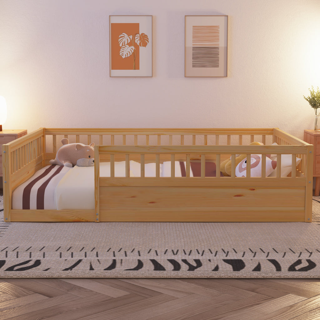 Leoglint Full Floor Bed Frame with Fence, Wood Kids Floor Beds Frame for Bedroom Playroom,Natural(Expect arrive date Jul. 10th)