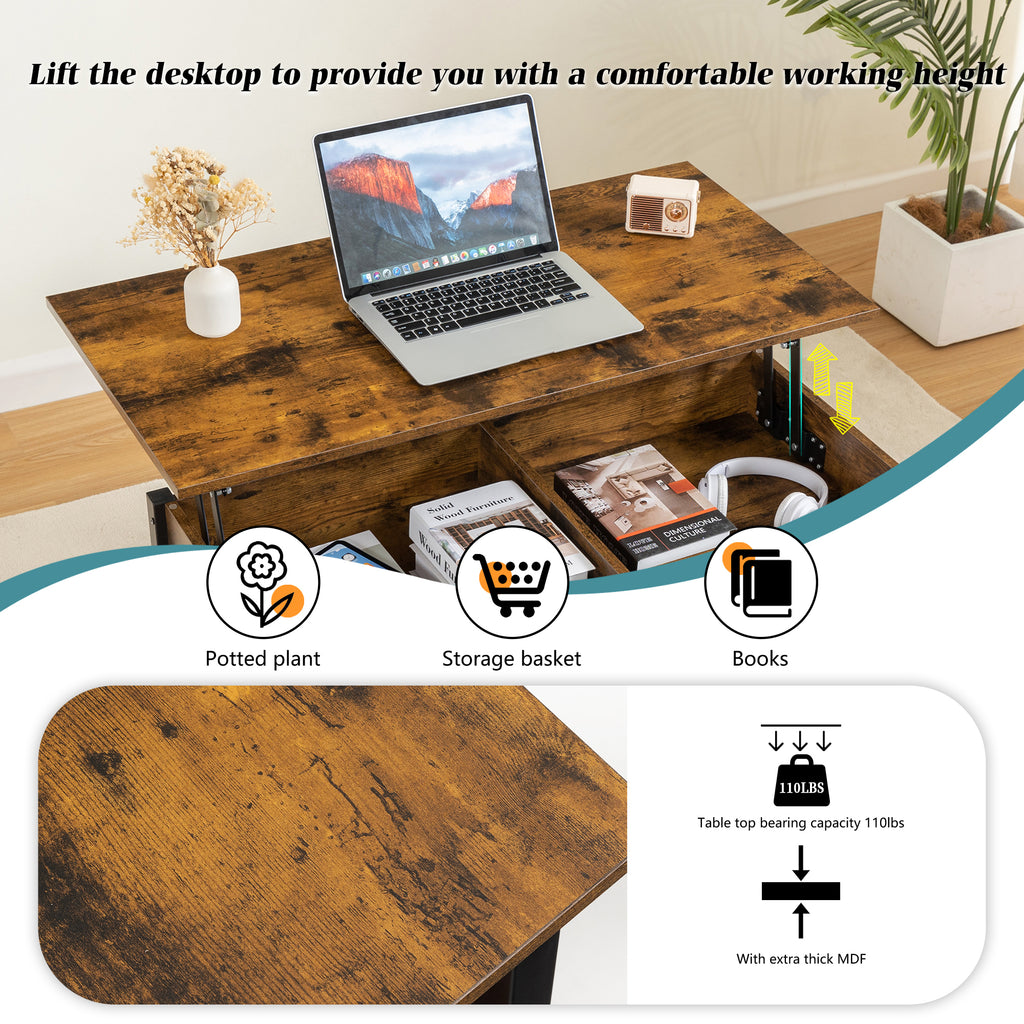 Leoglint Metal coffee table,desk,with a lifting table,and hidden storage space.There were two removable wicker baskets that could be placed in any space such as the living room,color:brown with fire wood grain