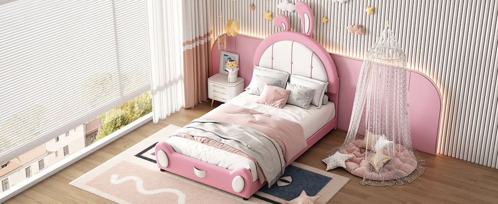 Leoglint Twin Size Upholstered Platform Bed Frame with Rabbit Shaped Headboard, Pink