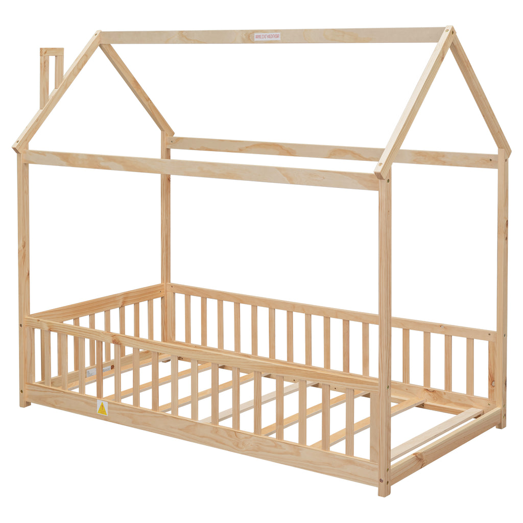 Twin House Bed Frame with Guardrails, Slats ,Natural