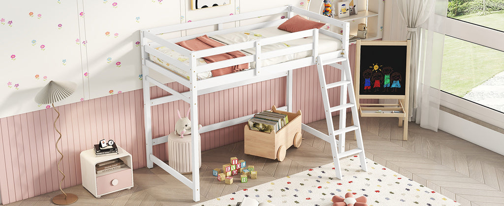 Leoglint Twin Size High Loft Bed Frame with inclined Ladder, Guardrails,White