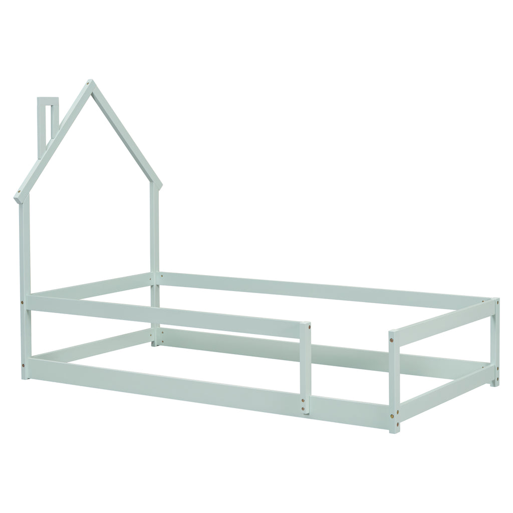 Leoglint Twin Size Wood bed frame with House-shaped Headboard Floor bed with Fences,Light Green