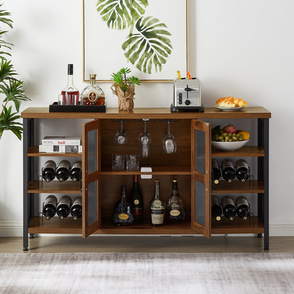 Leoglint JHX Industrial Wine Bar Cabinet, Liquor Storage Credenza, Sideboard with Wine Racks & Stemware Holder (Hazelnut Brown, 55.12''w x 13.78''d x 30.31' ' h)