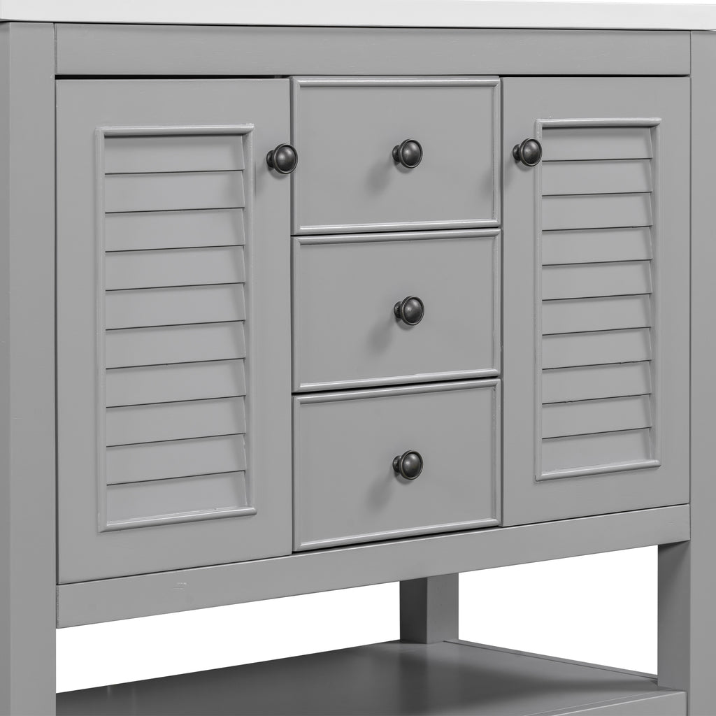 Leoglint 36" Bathroom Vanity without Sink, Cabinet Base Only, Two Cabinets and Drawers, Open Shelf, Solid Wood Frame, Grey