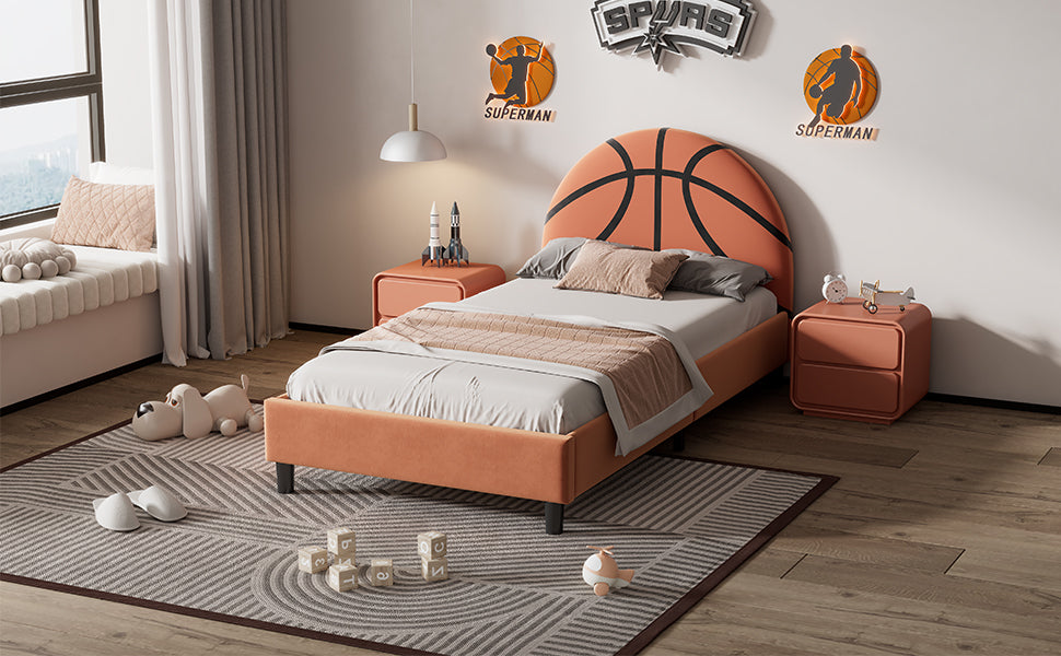 Leoglint Bed Frame Basketball Design Upholstered Twin Platform Bed Sport Style Bed for Boys & Girls, Teens, Orange