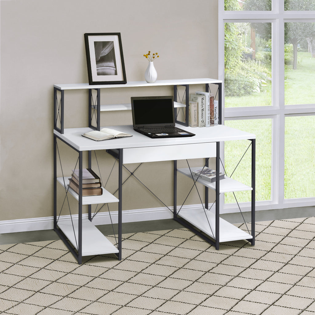 Leoglint White and Black Office Desk with Open Shelves and Hutch