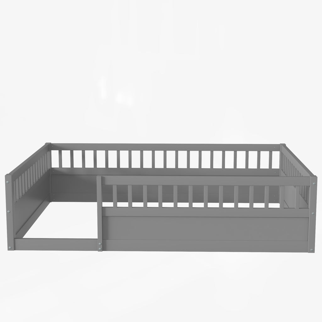 Leoglint Full Floor Bed Frame with Fence, Wood Kids Floor Beds Frame for Bedroom Playroom,Gray(Expect arrive date Jul. 10th)