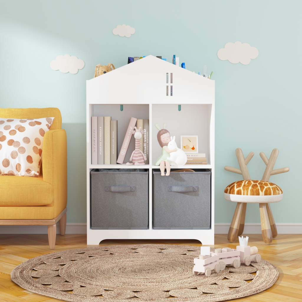 Leoglint Kids Dollhouse Bookcase with Storage, 2-Tier Storage Display Organizer, Toddler Bookshelf with 2 Collapsible Fabric Drawers for Bedroom or Playroom (White/Gray)