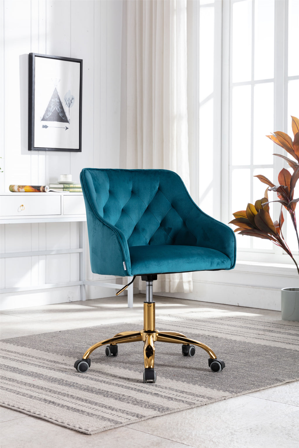 Leoglint COOLMORE Velvet Home Office Chair, Modern Cute Computer Chair, Wheels Swivel Height Adjustable Swivel Task Chair for Home Office (Teal Velvet)