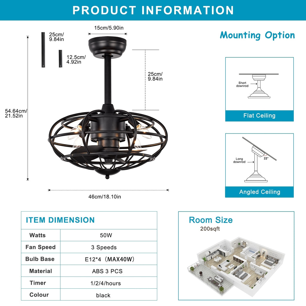 Leoglint Pendant 18.1" Chandelier Caged Ceiling Fan with  Remote Control,Timer, 3 Speeds Indoor Ceiling Fan for Farmhouse, Bedroom Living Room(No include Bulbs)