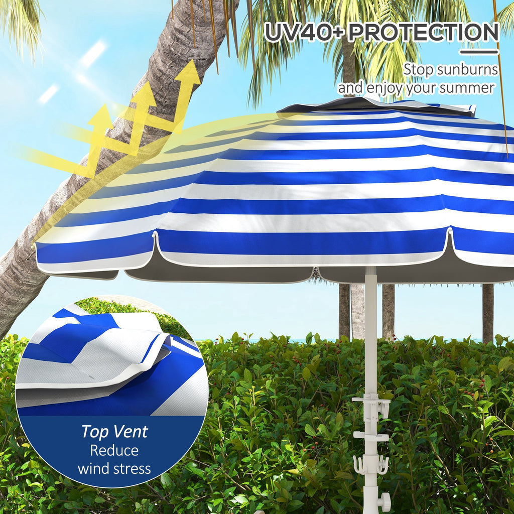 Leoglint 5.7' Portable Beach Umbrella with Tilt, Adjustable Height, 2 Cup Holders & Hooks, UV 40+ Ruffled Outdoor Umbrella with Vented Canopy, Blue White Stripe