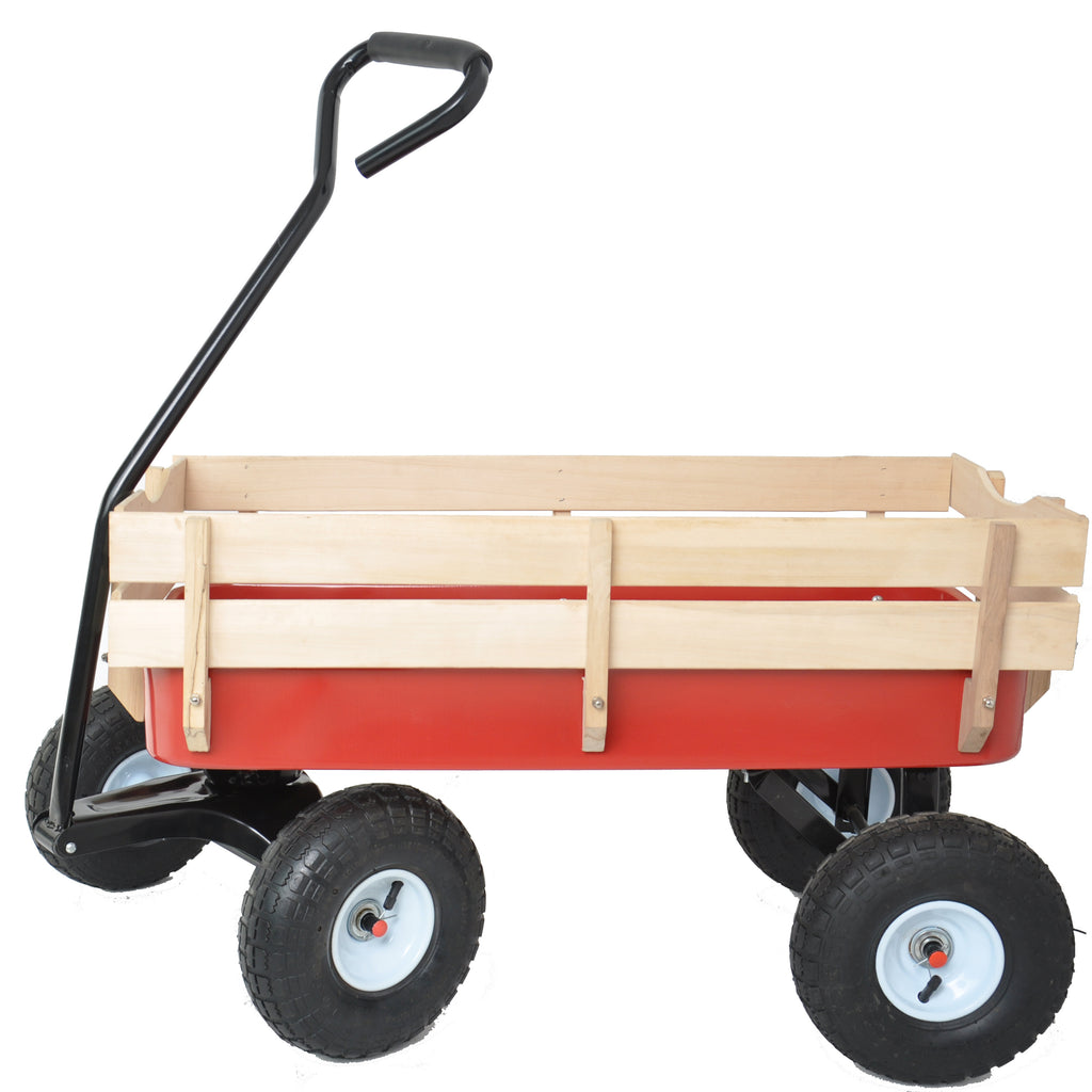 Leoglint Outdoor Wagon All Terrain Pulling Wood Railing Air Tires  Garden cart (Red+white)