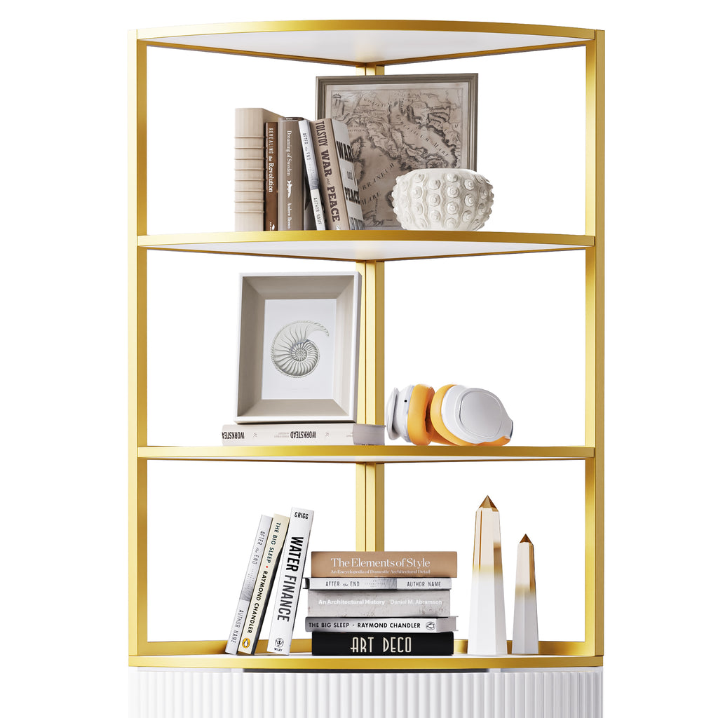 Leoglint 74.8" Tall Modern Corner Bookshelf,Fan-Shaped bookcase with 1 Drawer and 2 Doors ,Wooden Standing Corner Shelf with Gold Metal Frame for Living Room,Home Office,White