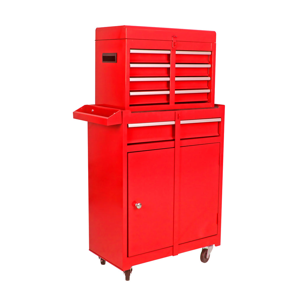 Leoglint Detachable 5 Drawer Tool Chest with Bottom Cabinet and One Adjustable Shelf--Red