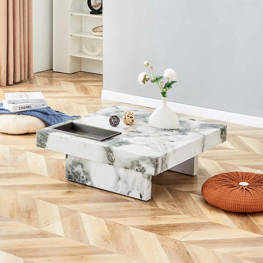 Leoglint A modern and practical coffee table, black and white in imitation marble pattern, made of MDF material. The fusion of elegance and natural fashion 31.4"* 31.4"* 12 "