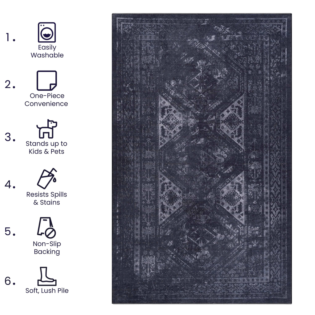 Leoglint 3x5 Area Rugs, Washable Rug, Low-Pile, Non-Slip, Non-Shedding, Foldable, Kid & Pet Friendly - Area Rugs for living room, bedroom, kitchen, dining room rug - Perfect Gifts, (Black+ Gray, 3' x 5')