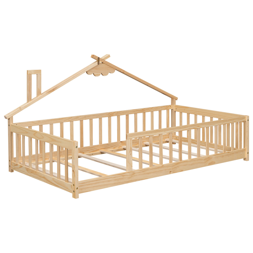 Twin House-Shaped Bedside Floor Bed Frame with Guardrails, Slats, without Door ,Natural