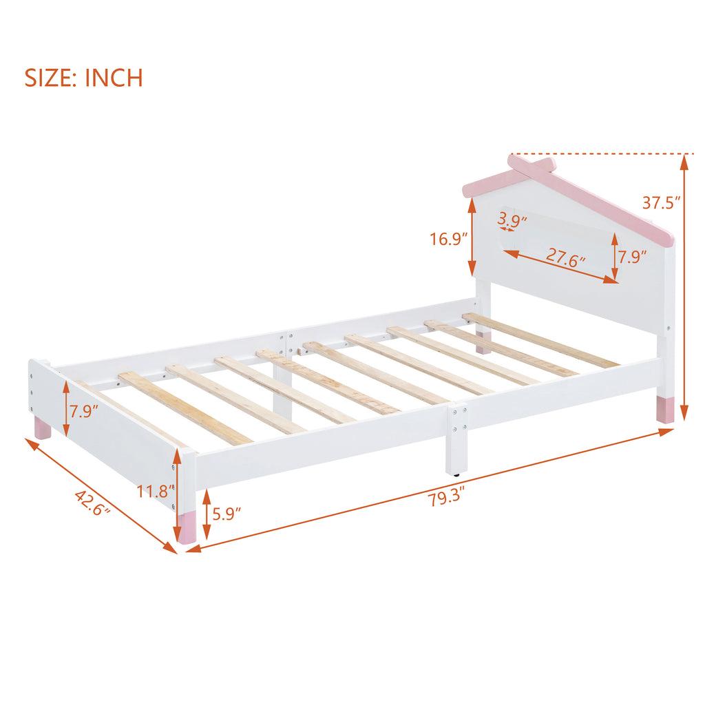 Leoglint Twin Size Wood Platform Bed Frame with House-shaped Headboard and Motion Activated Night Lights (White+Pink)