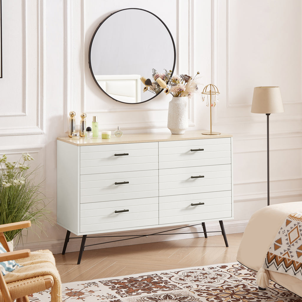 Leoglint 6 Drawer Chest Drawer Dresser for Bedroom with Deep Drawers, Wood Dressers & Chest of Drawers, Modern White Long Dressers for Closet Living Room, 47.2"W x 15.7"D x 31.5"H, White & oak