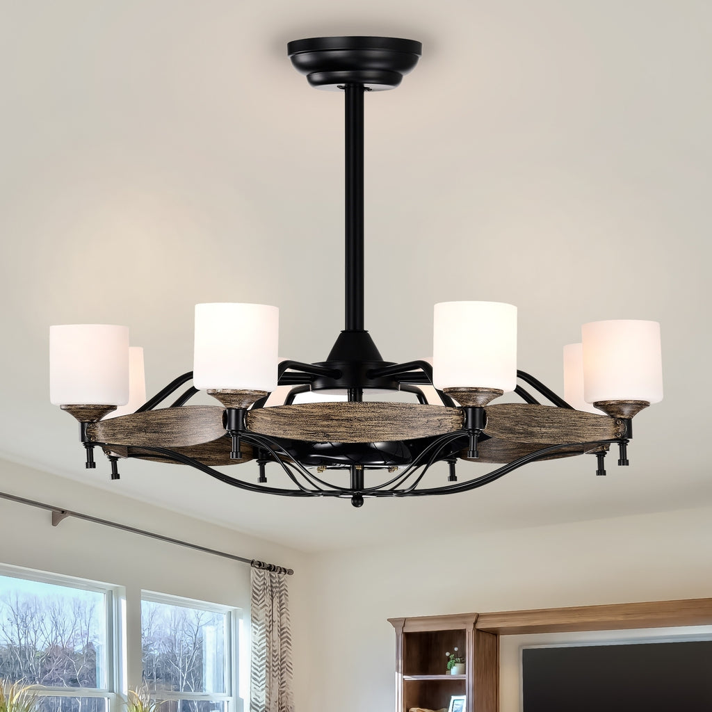 Leoglint Pendant Dia 33 inch Chandelier Ceiling Fan for Bedroom Dining Room Living Room Kitchen Farmhouse Entry,Matte Black+  Wood Grain