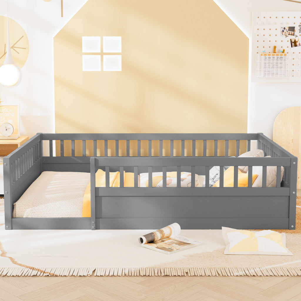 Leoglint Full Floor Bed Frame with Fence, Wood Kids Floor Beds Frame for Bedroom Playroom,Gray(Expect arrive date Jul. 10th)