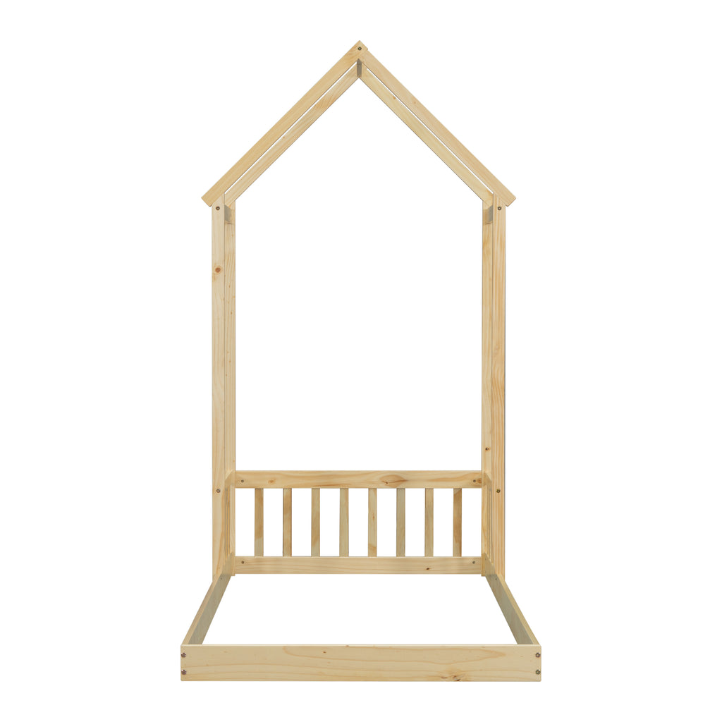 Twin House-shaped Roof Headboard Floor Bed Frame,,(without slats),Natural