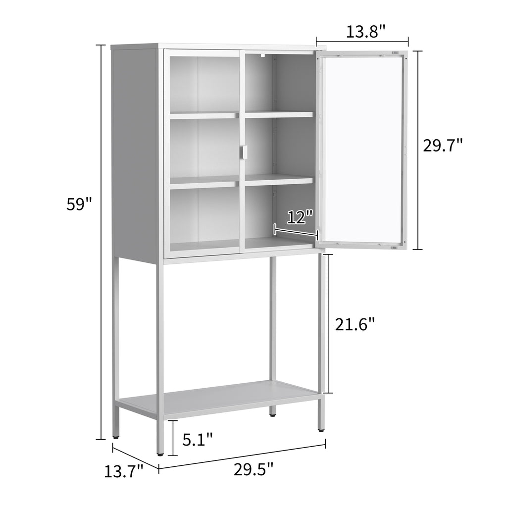 Leoglint 59"H Heavy Duty Metal Storage Cabinet, Display Storage Cabinet with Glass Doors and 2 Adjustable Shelves, Tall Bookcase Modern Bookshelf Cabinet for Home Office, Living Room, Pantry