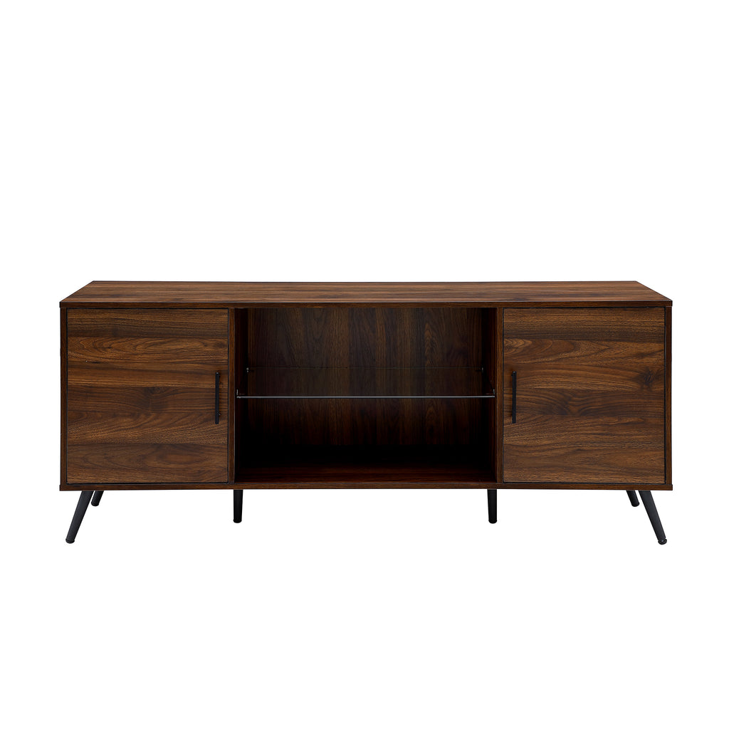 Leoglint Mid-Century Modern 2-Door 60" TV Stand for 65" TVs with Glass Shelf - Dark Walnut