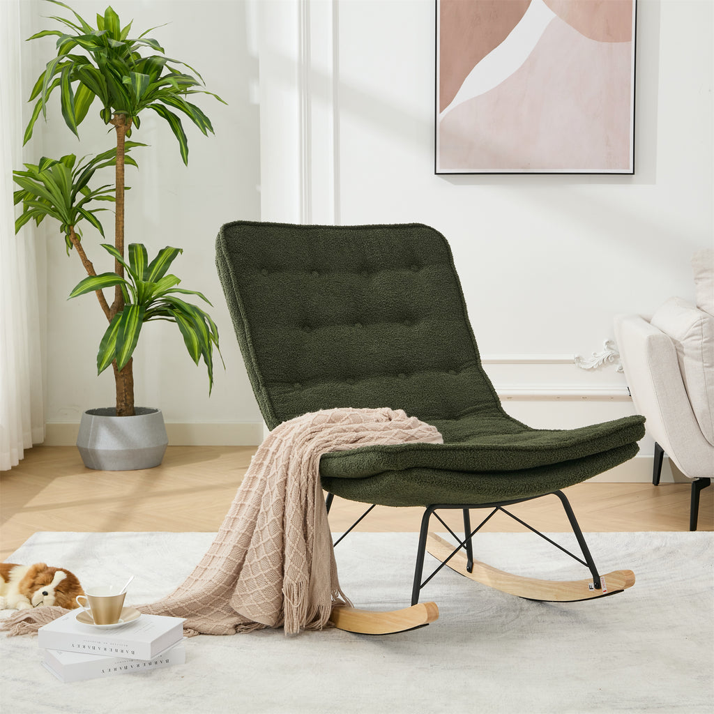 Leoglint Lazy Rocking Outdoor Chair,Comfortable Lounge Chair with Wide Backrest and Seat Wood Base, Upholstered Armless Rocker Chair for Living room, Balcony,Bedroom and Patio Porch. (DARK GREEN)