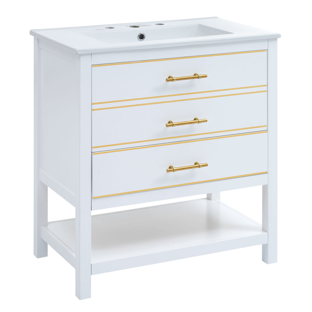 Leoglint [Viedo]Modern 30inch Navy Blue/White Bathroom Vanity Cabinet Combo with OpenStorge, Two Drawers