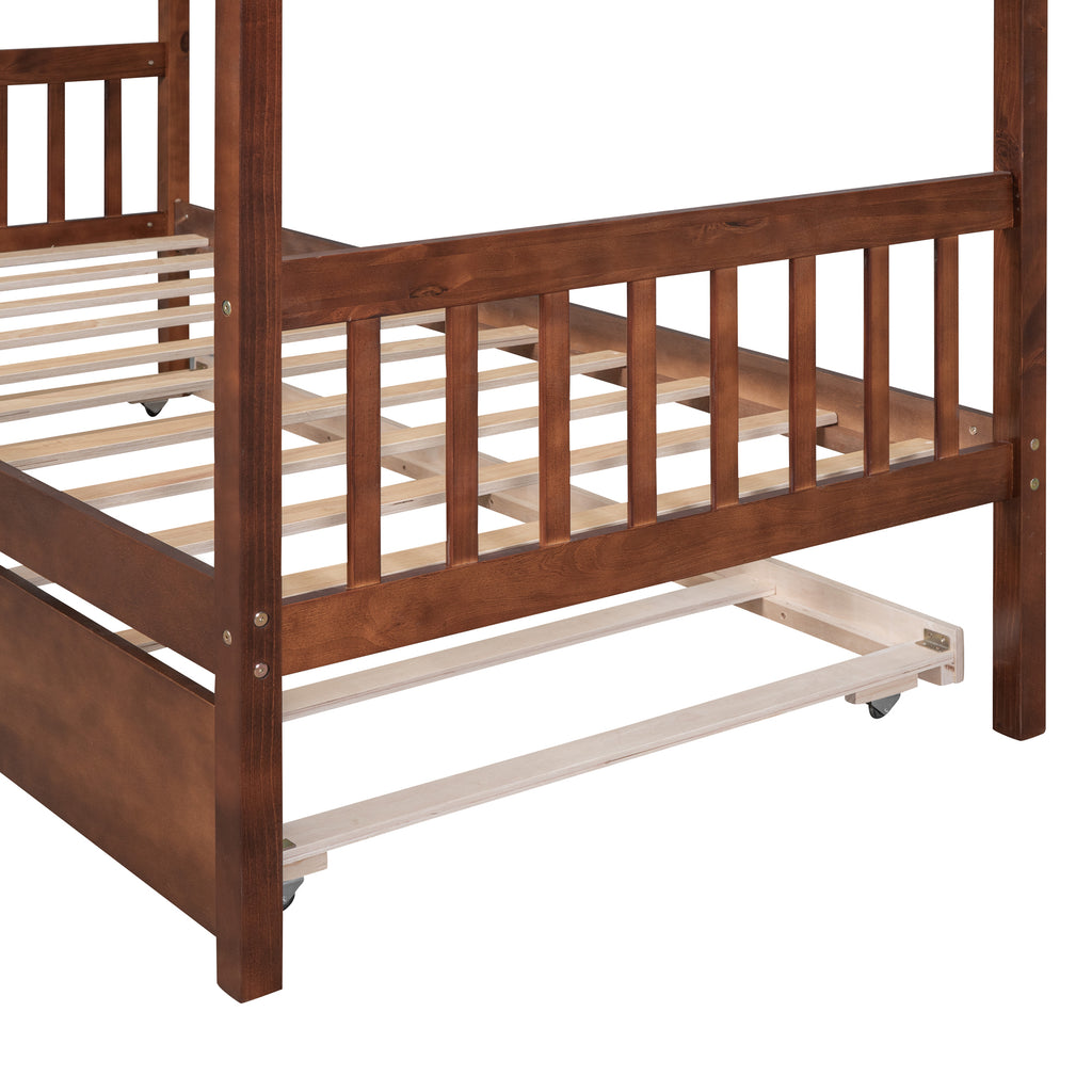 Leoglint Twin Size Wooden House Bed Frame with Twin Size Trundle, Walnut