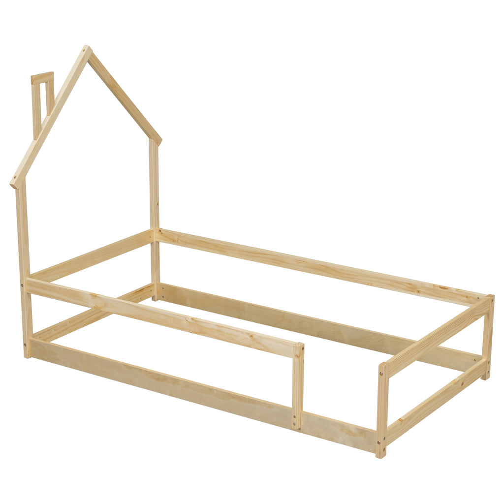 Twin Size Wood bed Frame with House-shaped Headboard Floor bed with Fences,Natural