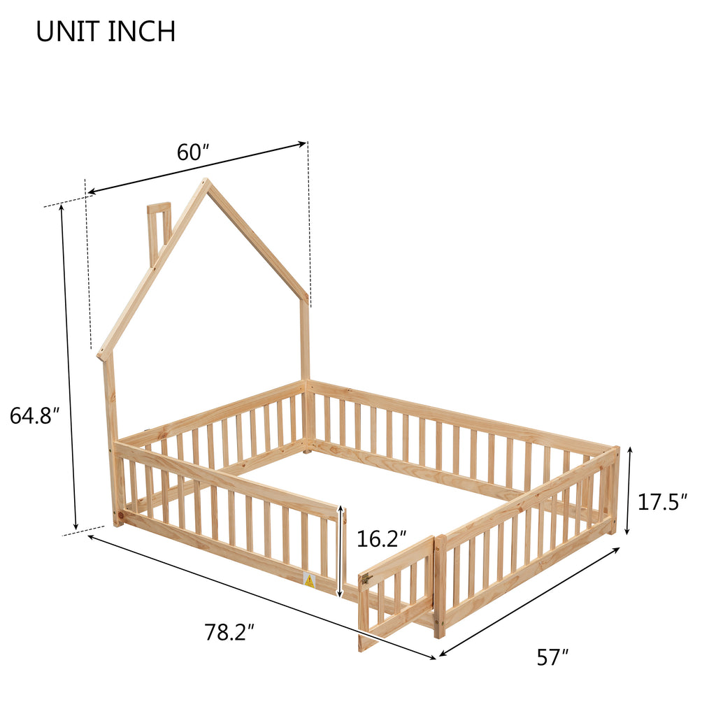 Leoglint Bed Frame Full House-Shaped Headboard Floor Bed with Fence,Natural