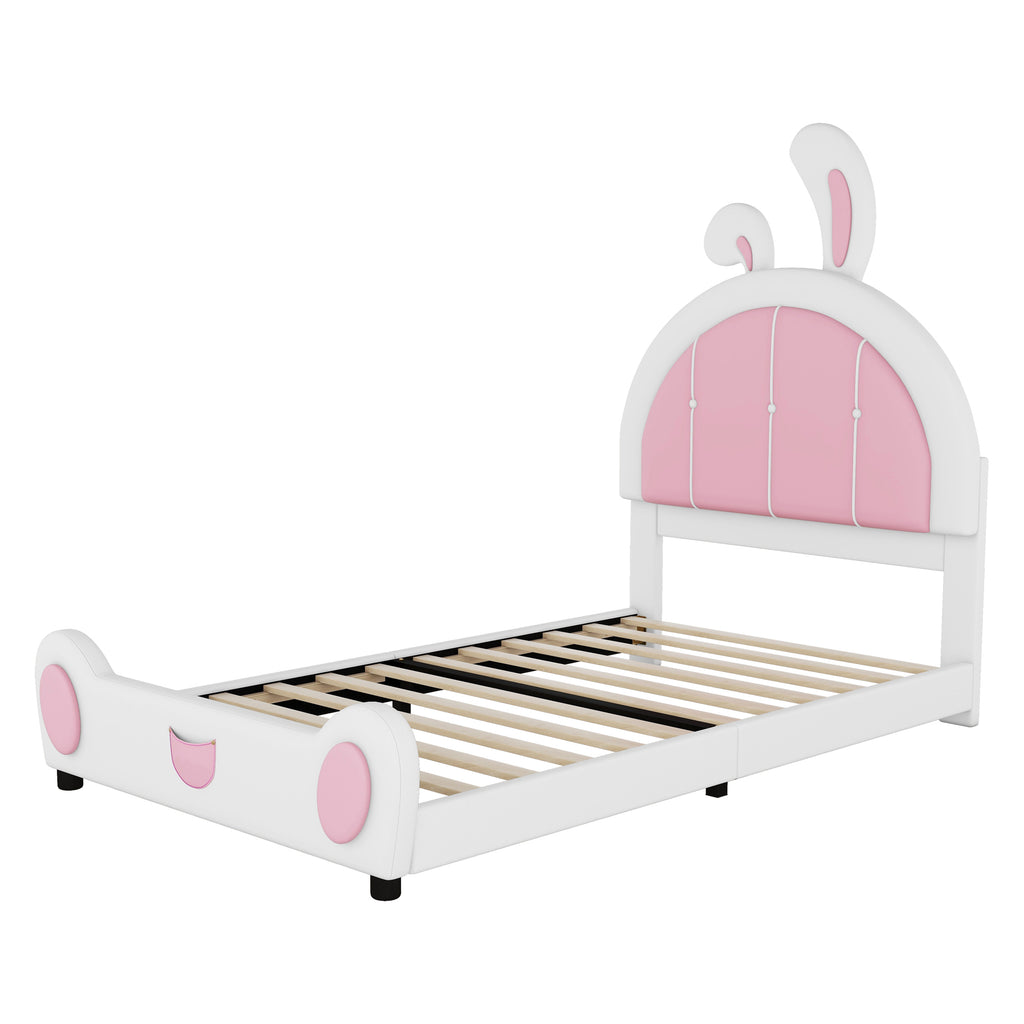 Leoglint Twin Size Upholstered Platform Bed Frame with Rabbit Shaped Headboard, White