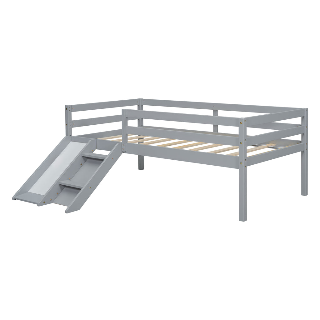 Twin Low Loft Bed Frame with Slide,  Ladder, Safety Guardrails, No Box Spring Needed,Grey