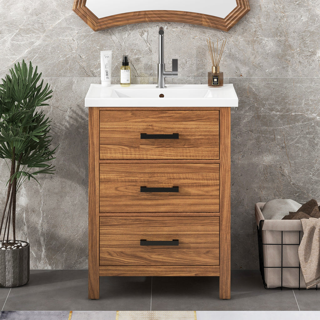 Leoglint 24'' Bathroom Vanity with Ceramic Basin Sink, Modern Bathroom Storage Cabinet with 3 Drawers, Freestanding Bathroom Vanity Cabinet with Single Sink