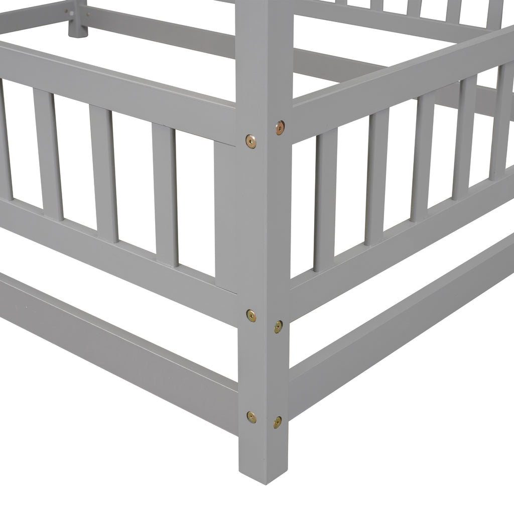 Leoglint Bed Frame Full Size Floor Wooden Bed with House Roof Frame, Fence Guardrails ,Grey