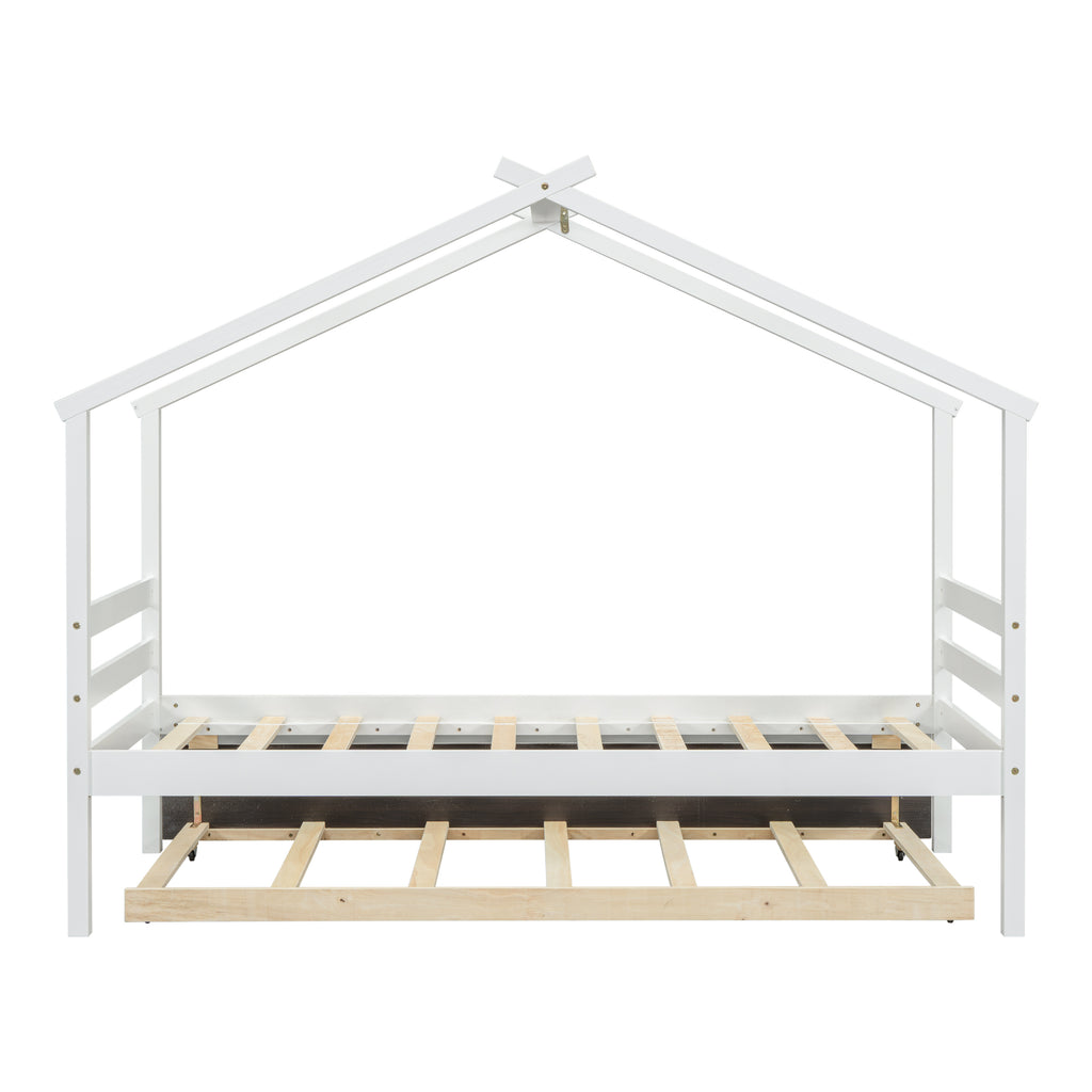 Leoglint Twin Size  House-shaped Bed Frame with Trundle,White